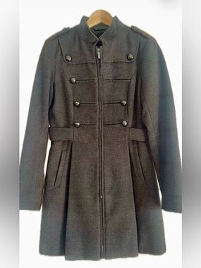 Womens Military-Style Wool-Blend A-Line Coat - Dark Charcoal